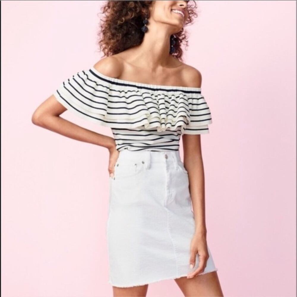 NWOT J. Crew Selena Navy Striped Off The Shoulder Ruffled Sweater Top S